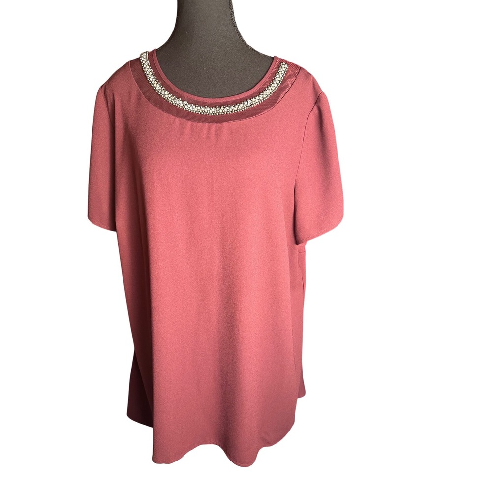 Apt 9 Woman 1X Embellished Neck Short Sleeve Top Burgundy‎